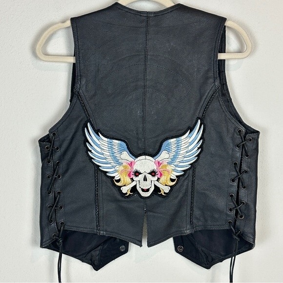 Leather Black Motorcycle Vest Skull Patches Pins Breast Cancer S - Picture 9 of 12